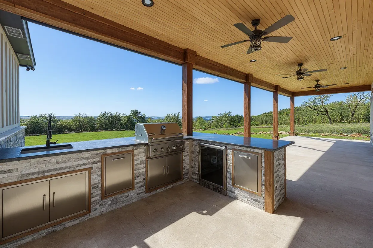 A Fin Home outdoor living space overlooking the hill country